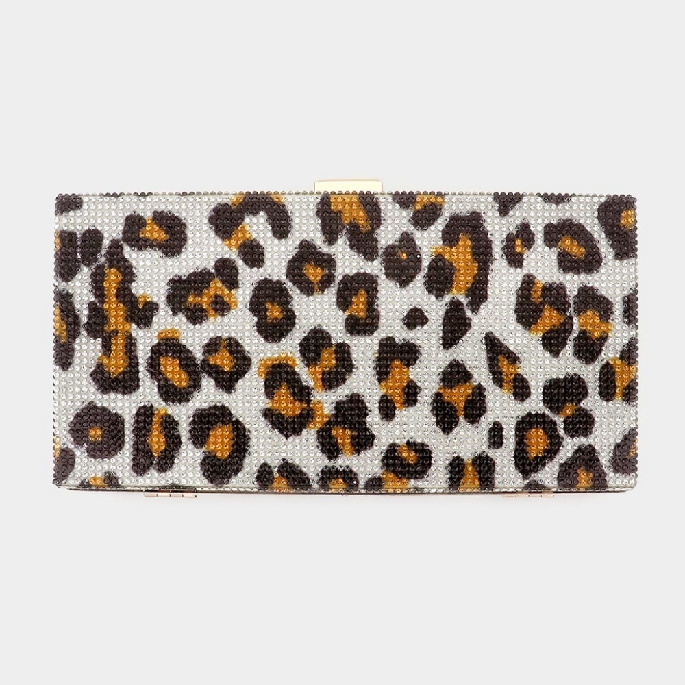 Brown Leopard Print Animal Patterned Crossbody Bling Rectangle Clutch Purse
